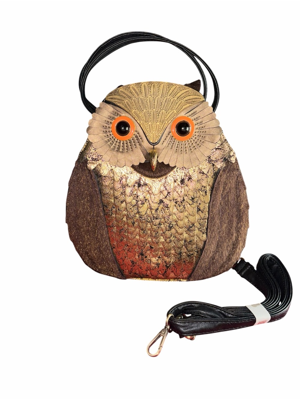 VTG Horned Owl‑Shaped Textured & Faux Fur PU Handbag • Metal Accents • Unique